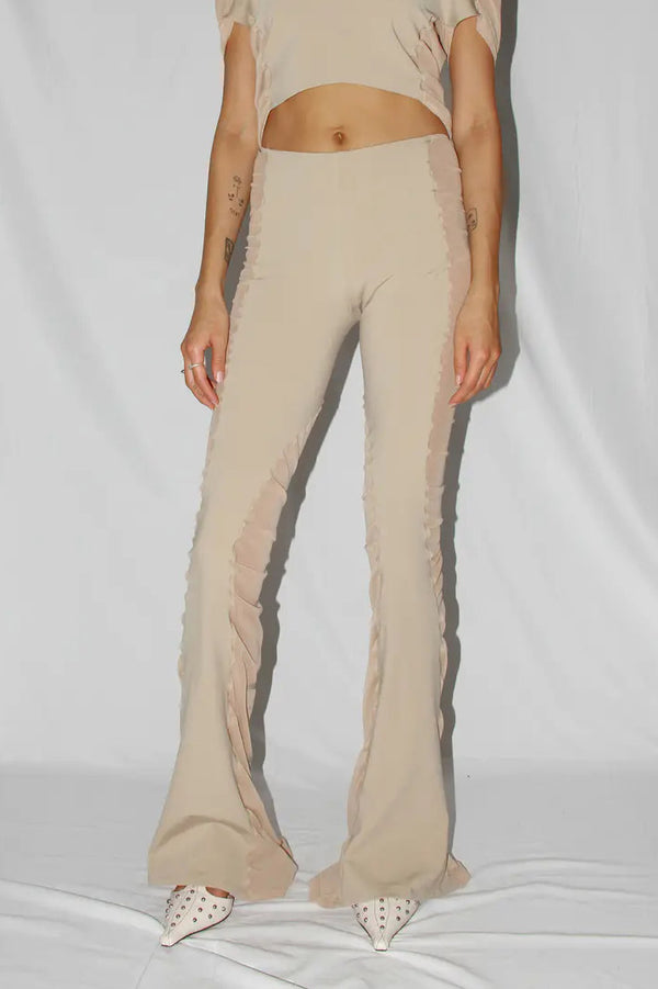 RUI mesh printed patchwork flared pants RSS24WV08 Oatmealw/Print oatmeal/print